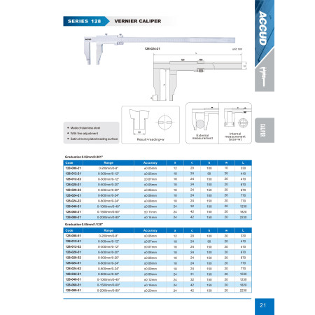 CALIBRO A NONIO ACCUD 1000mm./40" (lunghezza ganasce 150mm) SENZA GANASCE SUPERIORI (0,02mm/0,001")
