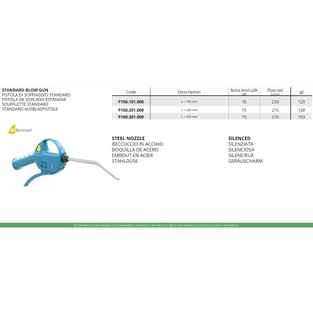 PISTOLA DI SOFFIAGGIO STANDARD SILENZIATA BECCUCCIO IN ACCIAIO L.100mm.