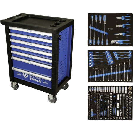 Carrello portautensili AZZURRO/ARGENTO con 7 cassetti + 207 utensili - Brilliant Tools [Powered by KS TOOLS]